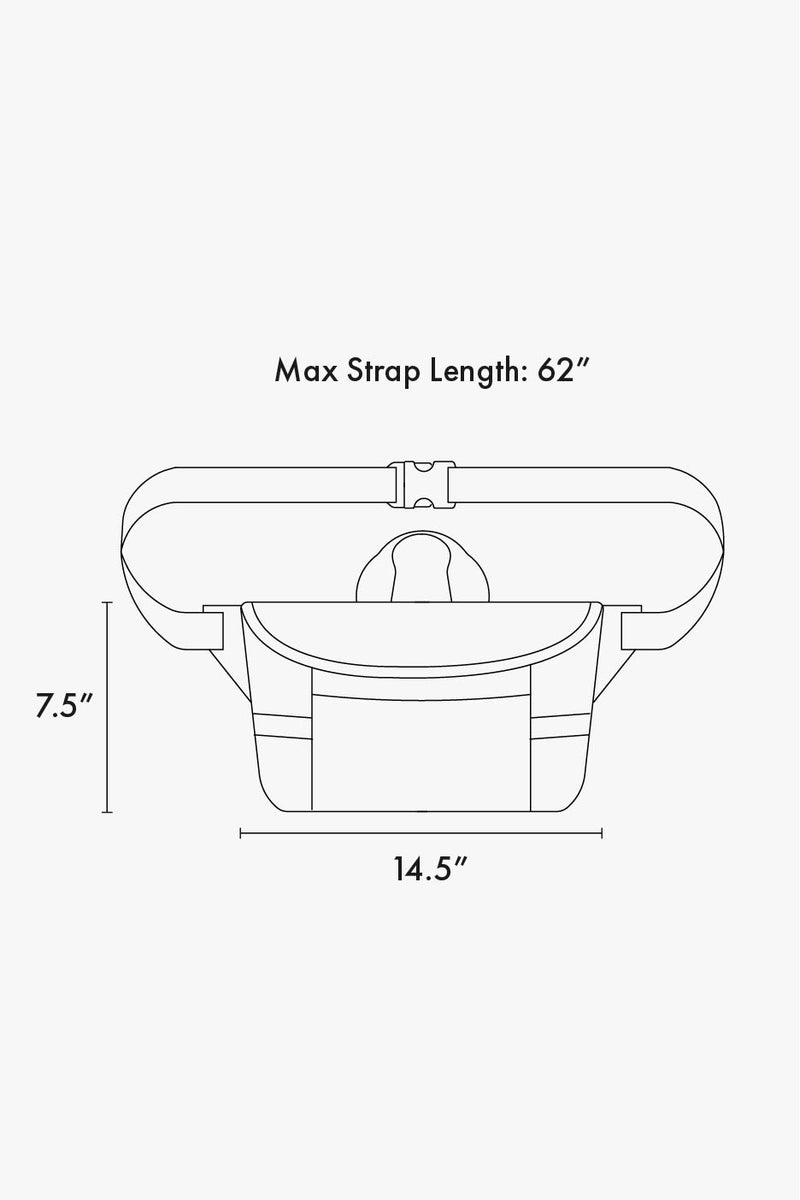 Dimensions for CALPAK Terra Sling Bag. Max strap length: 62". Bag is 7.5" tall by 14.5" wide