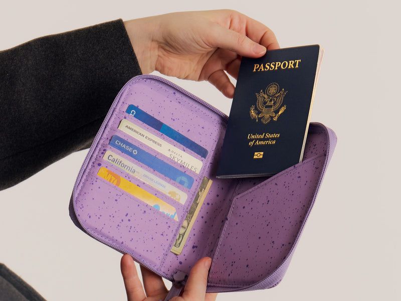 Interior Shot of Purple Amethyst CALPAK Terra Zippered Passport with pockets for organizing cards and passport
