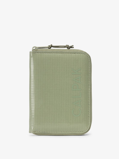 CALPAK Terra Zippered Passport Wallet front view in juniper; ATPW2501-BLOSSOM-ASPIRE view 1