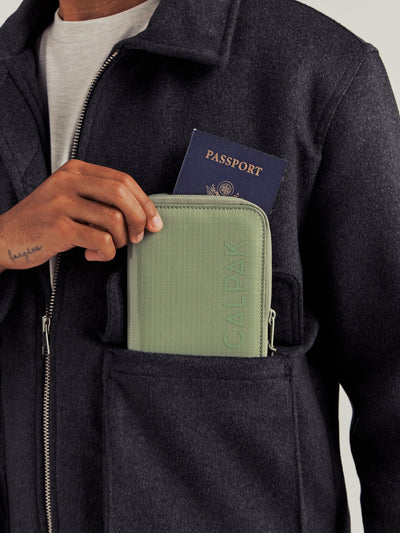 CALPAK Terra Zippered Passport Wallet front view in juniper; ATPW2501-BLOSSOM-ASPIRE view 2