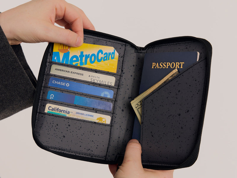 Interior Shot of CALPAK Terra Zippered Passport Wallet with pockets for organizing cards and passports