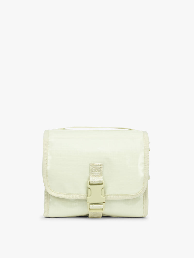 CALPAK Terra Hanging Toiletry Bag in light green Celadon with front buckle