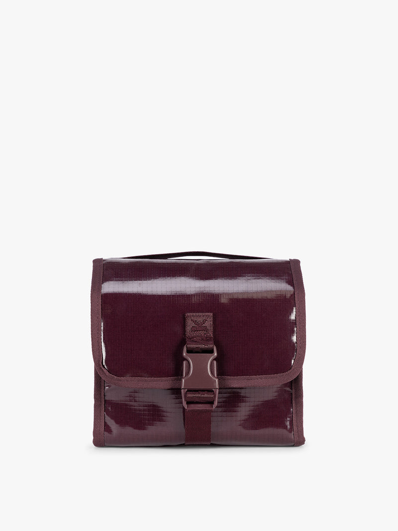 CALPAK Terra Hanging Toiletry Bag to store makeup and toiletries in dark red  Dark Cherry on a white background