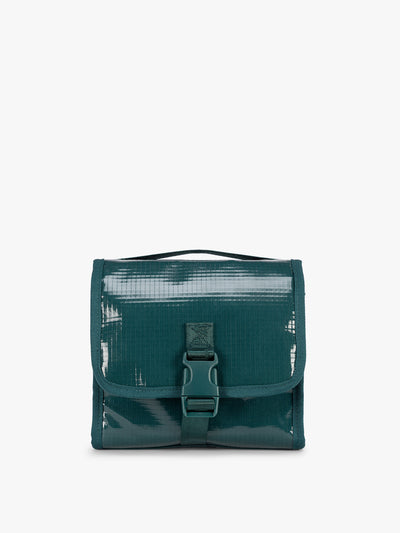 CALPAK Terra Hanging Toiletry Bag to store makeup and toiletries in blue green Kale on a white background; THY2201-KALE view 1
