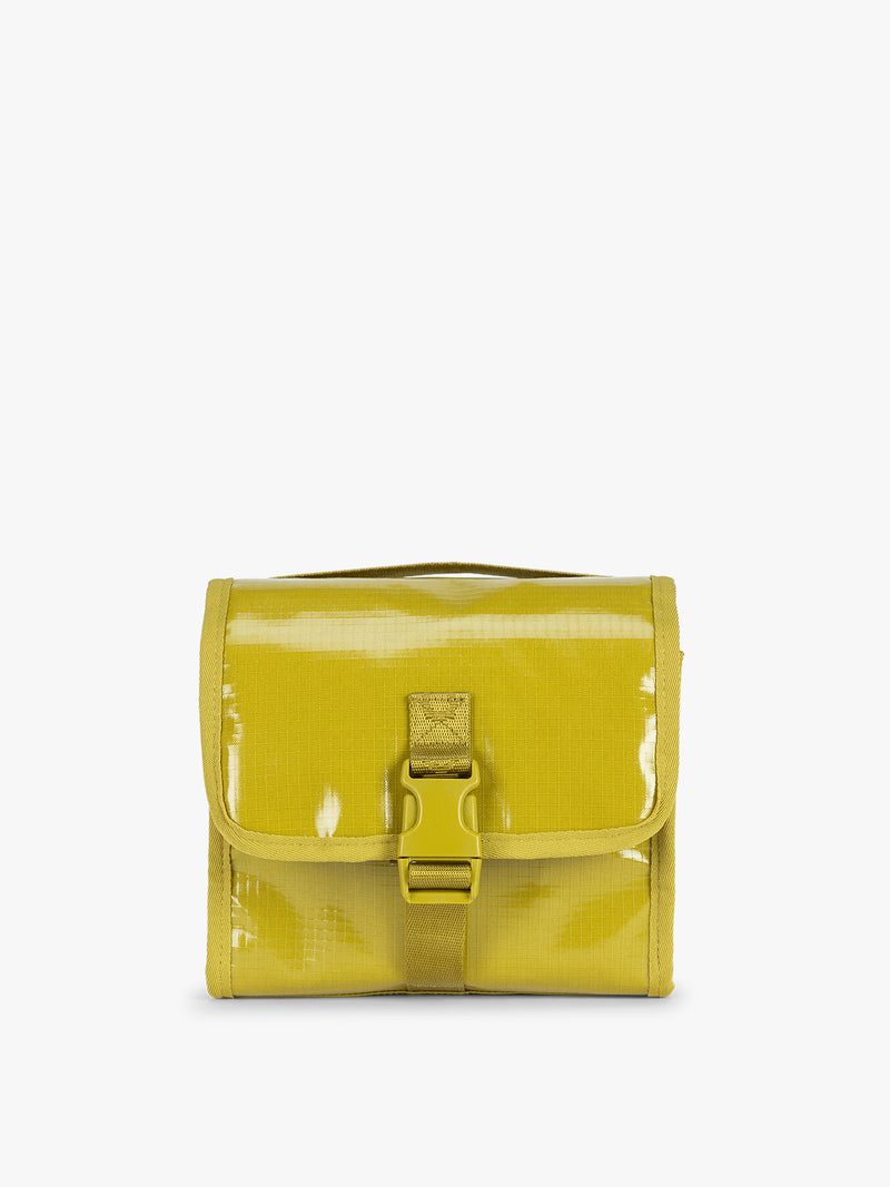 CALPAK Terra Hanging Toiletry Bag to store makeup and toiletries in yellow green Wasabi on a white background