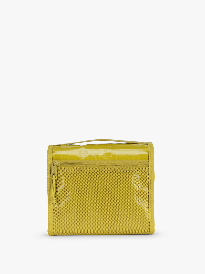 Back side with zipper of CALPAK Terra Hanging Toiletry Bag to store makeup and toiletries in yellow green Wasabi on a white background