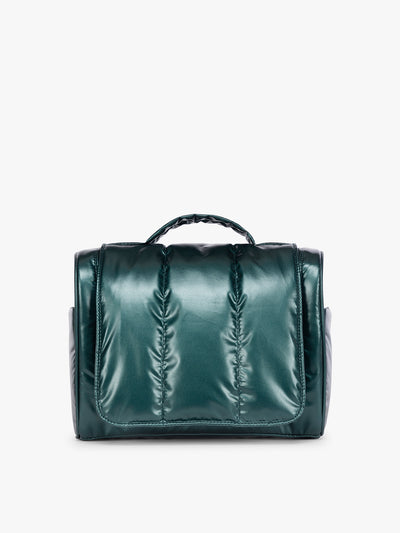 CALPAK Luka Hanging Toiletry Bag in dark green shiny Kale; TLH2301-GLAZED-KALE view 1