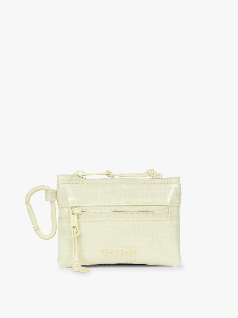 CALPAK Terra Clippable Card Pouch in light green Celadon on a white background with a carabiner