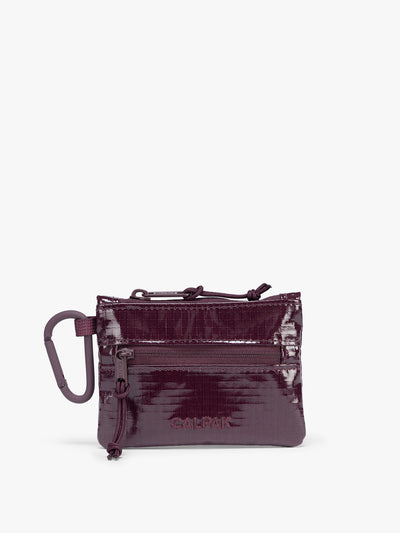 Dark red Dark Cherry CALPAK Terra Clippable Card Pouch with carabiner clip and zipper on a white background; TPC2401-DARK-CHERRY view 1