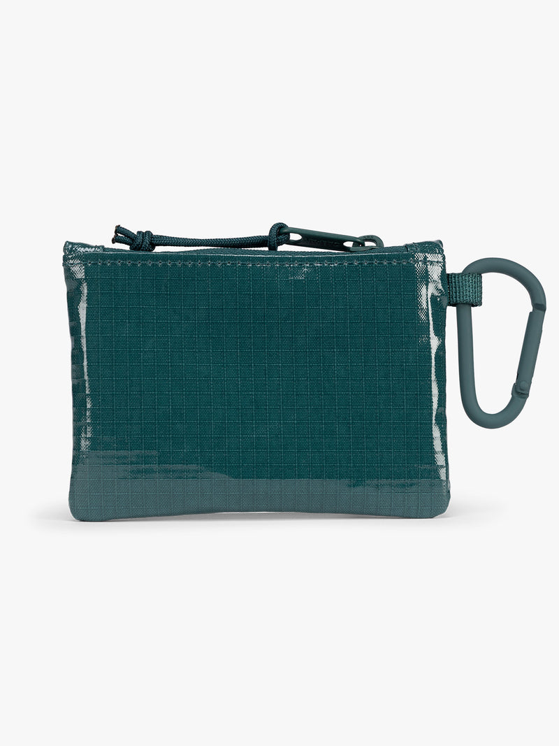 Backside of Kale blue green of CALPAK Terra Clippable Card Pouch with carabiner clip and zipper on a white background