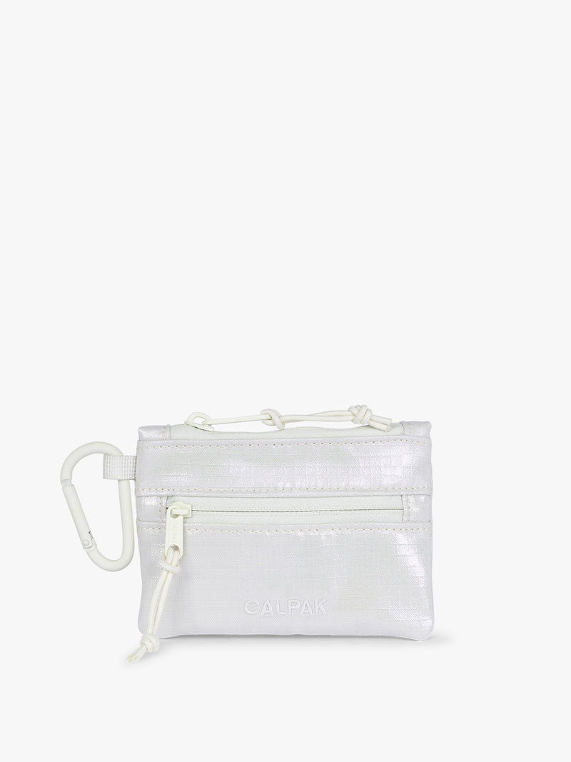CALPAK Terra Clippable Card Pouch in shiny white Moonbeam on a white background with a carabiner