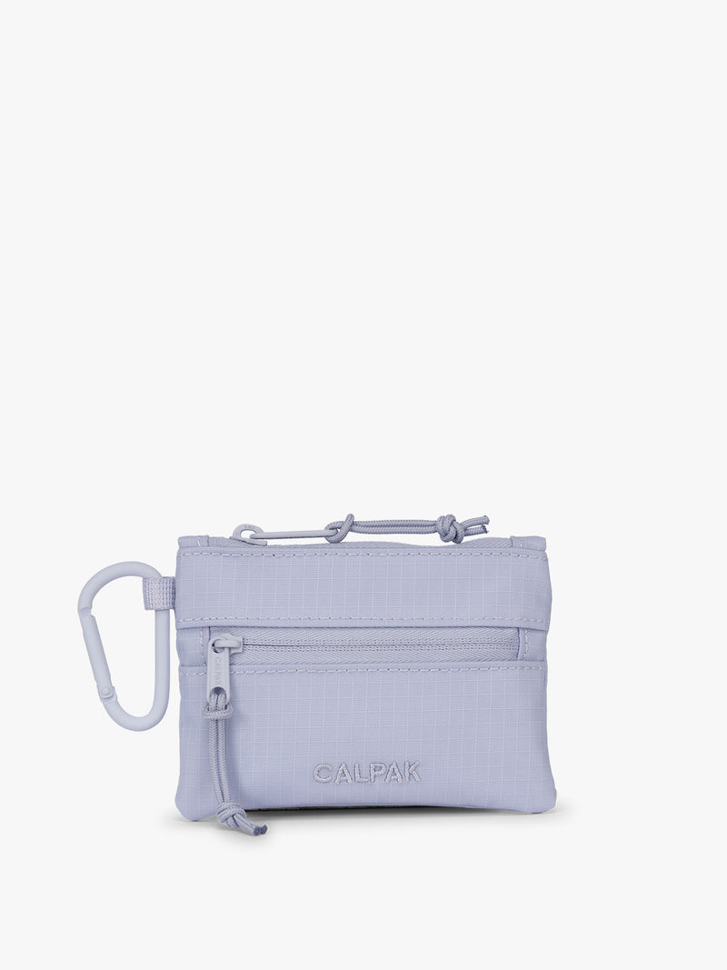 CALPAK Terra Clippable Card Pouch in light purple lavender Sea Glass on a white background with a carabiner