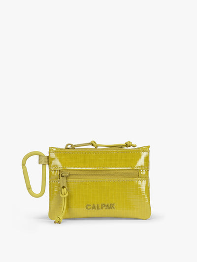 Yellow green Wasabi of CALPAK Terra Clippable Card Pouch with carabiner clip and zipper on a white background; TPC2401-WASABI view 1