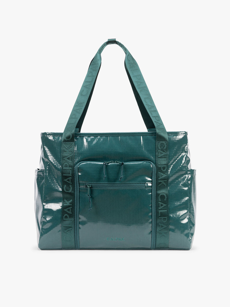 CALPAK Terra 35L Tote Bag with zippers in blue green Kale on a white background