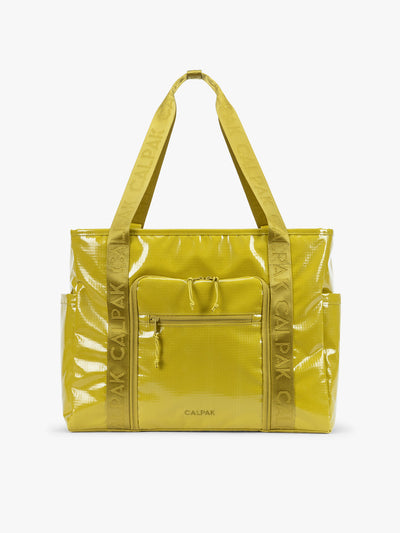 CALPAK Terra 35L Tote Bag with zippers in yellow green Wasabi on a white background; TTO2401-WASABI view 1