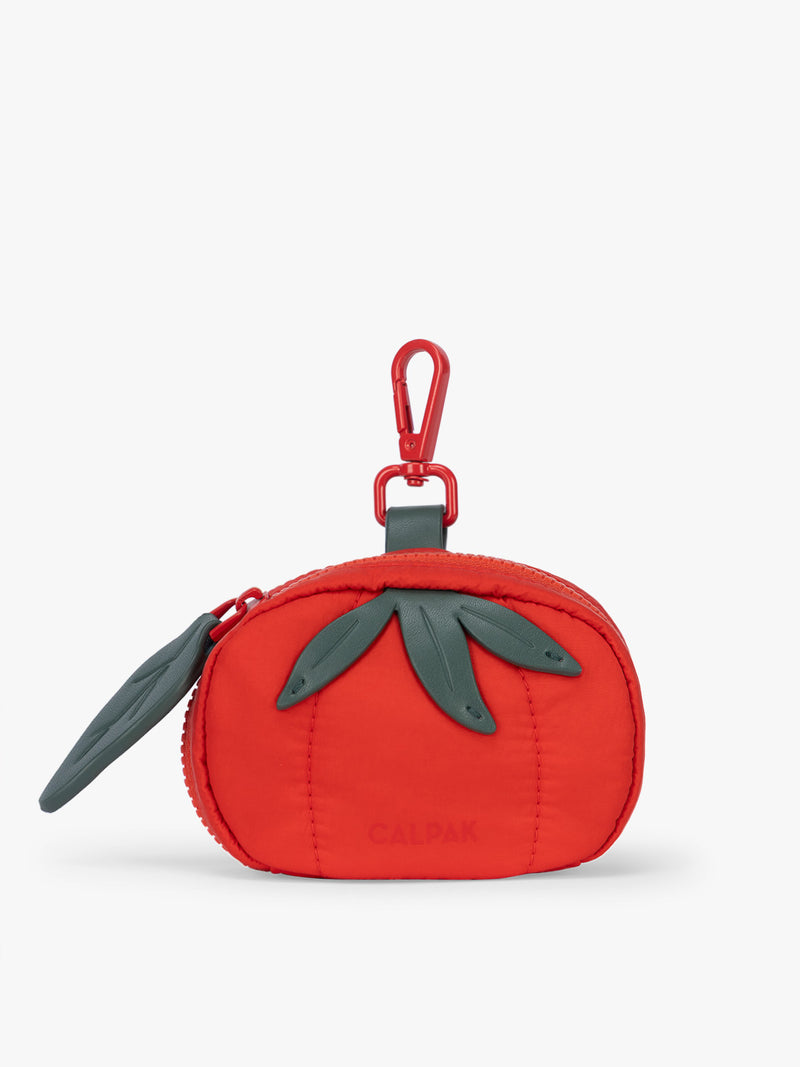 CALPAK Tomato Zip Bag Charm with green leaf zipper and red clip