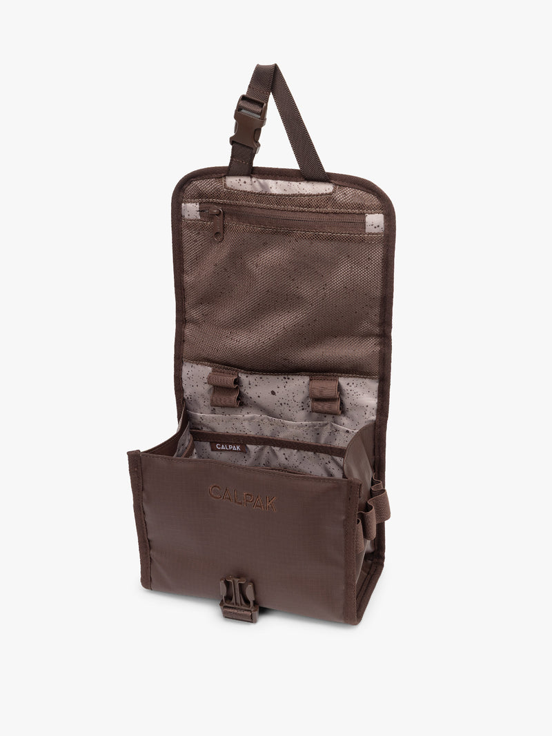 CALPAK Terra Hanging Toiletry Bag in brown Walnut opened view