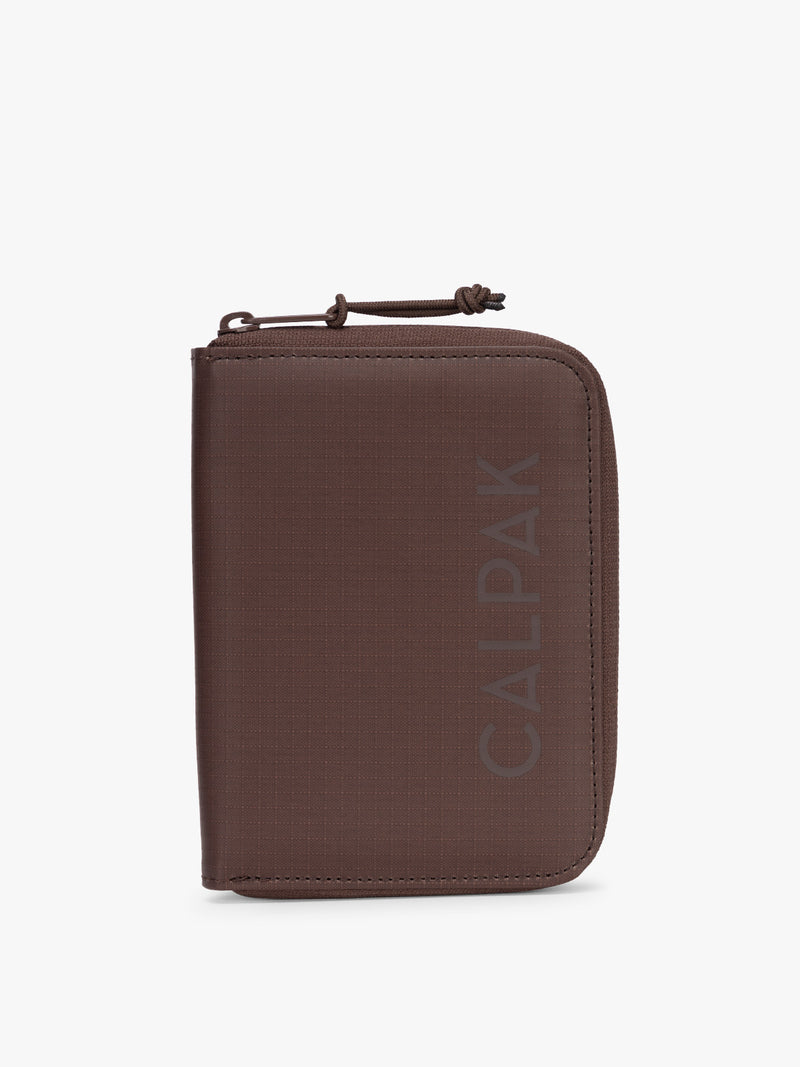 CALPAK Terra Zippered Passport Wallet in brown Walnut front view