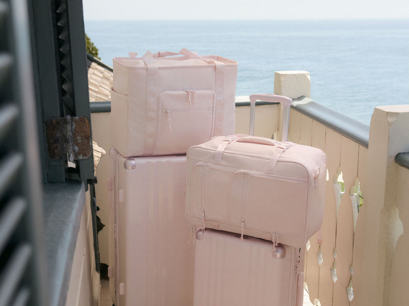 Set of CALPAK Ambeur pink suitcases and Terra Backpacks on a wooden deck with a scenic background