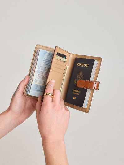 CALPAK Colette Multi Passport Wallet in beige canvas material  and brown finishings in Natural Brown; CLPW2601-NATURAL-BROWN view 2