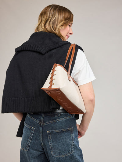 CALPAK Colette Canvas Shoulder Tote in beige canvas material and brown finishing; CLST2601-NATURAL-BROWN view 2