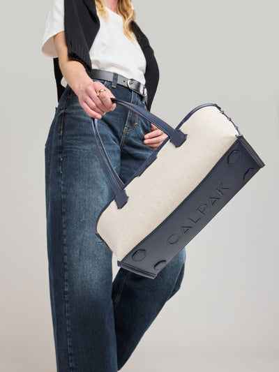 CALPAK Colette Canvas Shoulder Tote in beige canvas material  and blue finishing; CLST2601-NATURAL-NAVY view 2