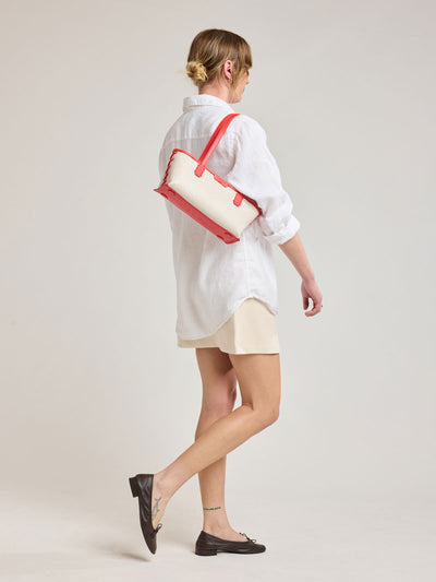 CALPAK Colette Canvas Shoulder Tote in beige canvas material and red finishing; CLST2601-NATURAL-TOMATO view 2