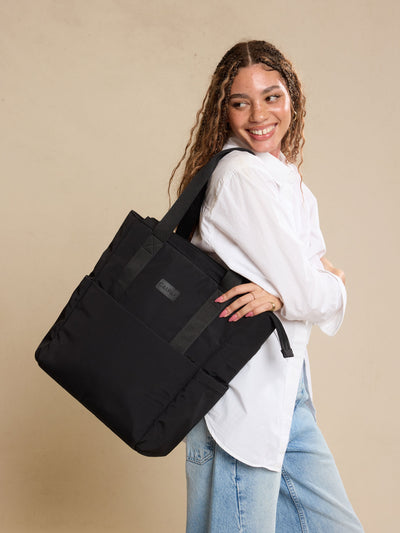 CALPAK Zippered Laptop Tote Bag in Black  on a white background; TCN2501-BLACK view 2