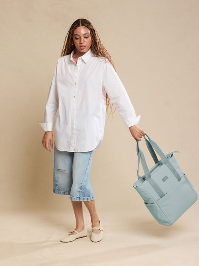 CALPAK Zippered Laptop Tote Bag in light blue Bluebell on a white background; TCN2501-BLUEBELL view 2