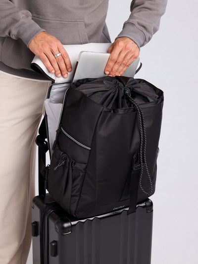 CALPAK Fit Gym Backpack in Black front view with white background; BPF2601-BLACK view 2