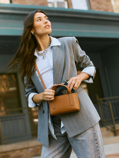 CALPAK Haven Mini Crossbody Bag in brown Toffee front view; AMC2501-TOFFEE view 2