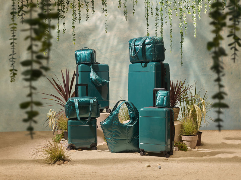 Stack of teal CALPAK suitcases and bags with decorative plants in the background