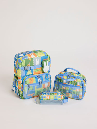 Colorful CALPAK + Miffy Kids Essentials Set with children's Medium backpack, lunch bag , pencil case set on a white background with blue accents and Miffy with other animals; BCKM5000-MIFFY-BLUE-ZOO-TRIP view 2