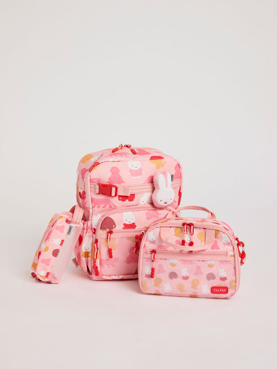Colorful CALPAK + Miffy Kids Essentials Set with children's Medium backpack, lunch bag , pencil case set on a white background with pink accents and Miffy with other animals; BCKM5000-MIFFY-PINK-ZOO-TRIP view 2