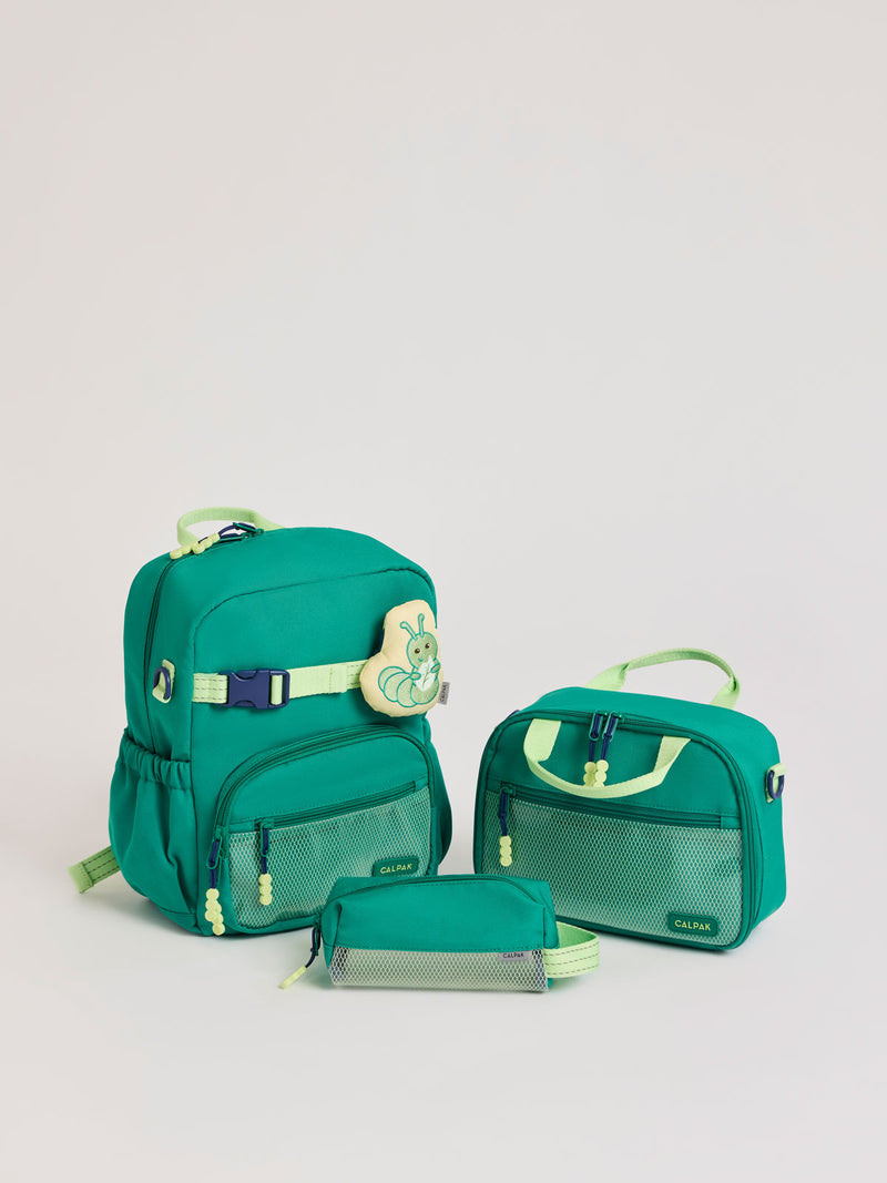 Green CALPAK Kids Small Essentials Bundle that includes backpack and lunch bag, and pencil case light gray background