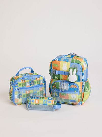Colorful CALPAK + Miffy Kids Essentials Set with children's Small backpack, lunch bag , pencil case set on a white background with blue accents and Miffy with other animals; BCKS5000-MIFFY-BLUE-ZOO-TRIP view 2