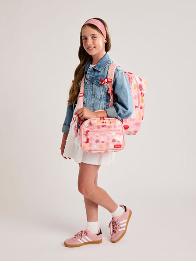 Front view of CALPAK Kids Large Backpack with Miffy and pink colorful animal pattern on a white background; CKBL2501-MIFFY-PINK-ZOO-TRIP view 2