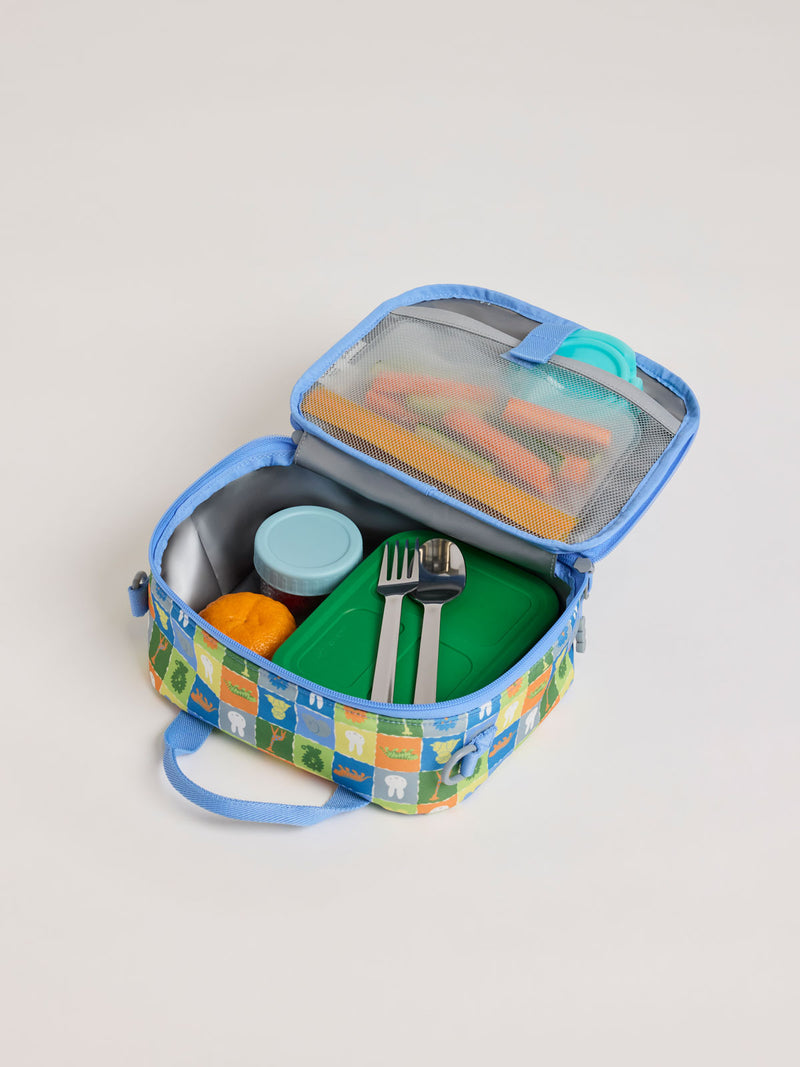 Opened side of CALPAK Kids Lunch Bag with Miffy and animal pattern with mesh front pocket and top handles on a white background