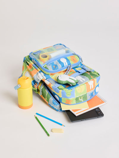 Front view of CALPAK Kids Medium Backpack with Miffy and blue colorful animal pattern on a white background; CKBM2501-MIFFY-BLUE-ZOO-TRIP view 2