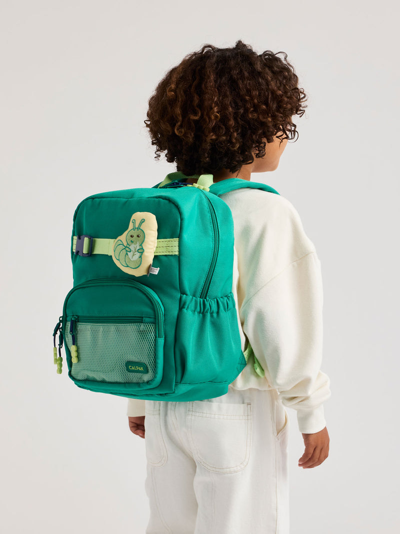 Children's Caterpillar CALKPAK Pluffy Bag Charm attached to a backpack