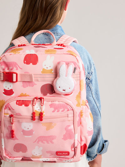 Plush Miffy x CALPAK Pluffy Bag Charm keychain with a pink border and Miffy on a white background; APLF2501-PINK-MIFFY view 2
