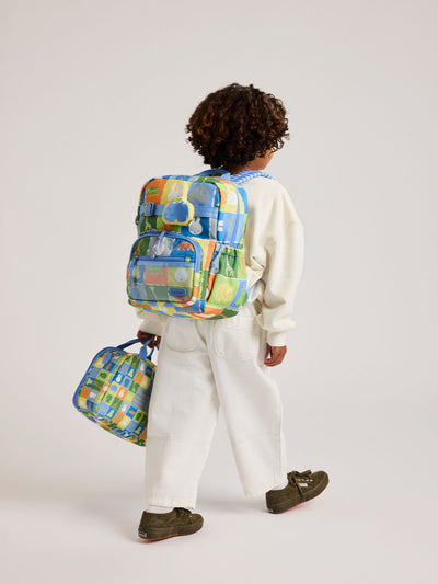 Front view of CALPAK Kids Small Backpack with Miffy and blue colorful animal pattern on a white background; CKBS2501-MIFFY-BLUE-ZOO-TRIP view 2