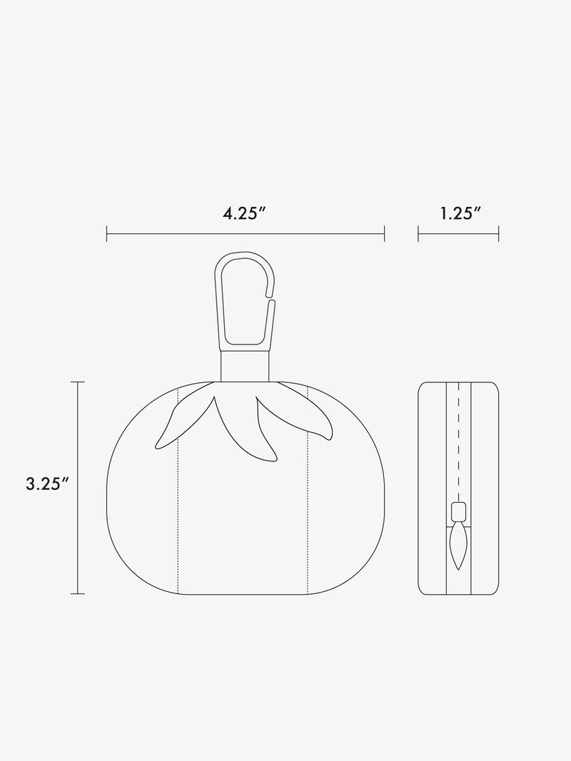 Line diagram graphic of the dimensions of the CALPAK Tomato Zip Charm
