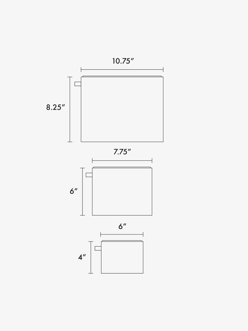 Dimensions of the CALPAK Compakt Zip Pouch Set with measurements in inches