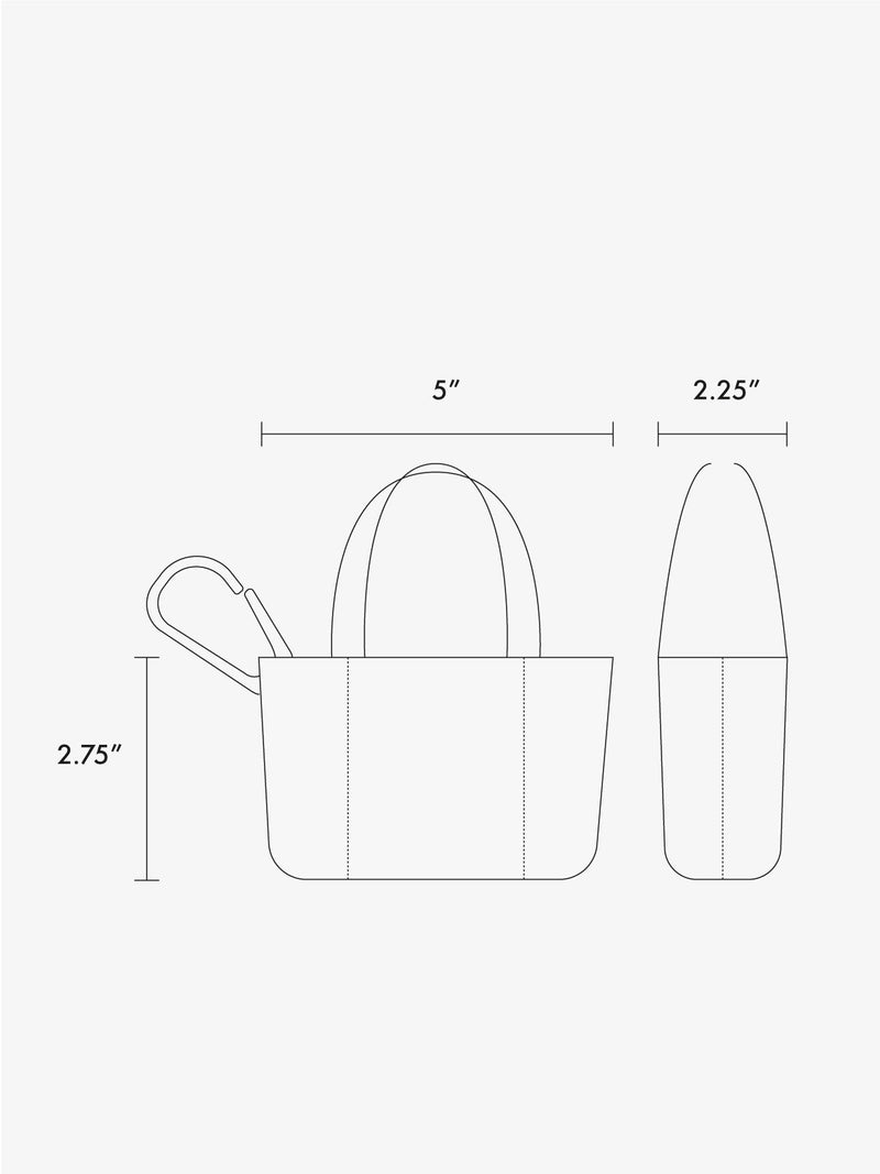 Illustration of a mini tote bag charm with dimensions in inches on a white background