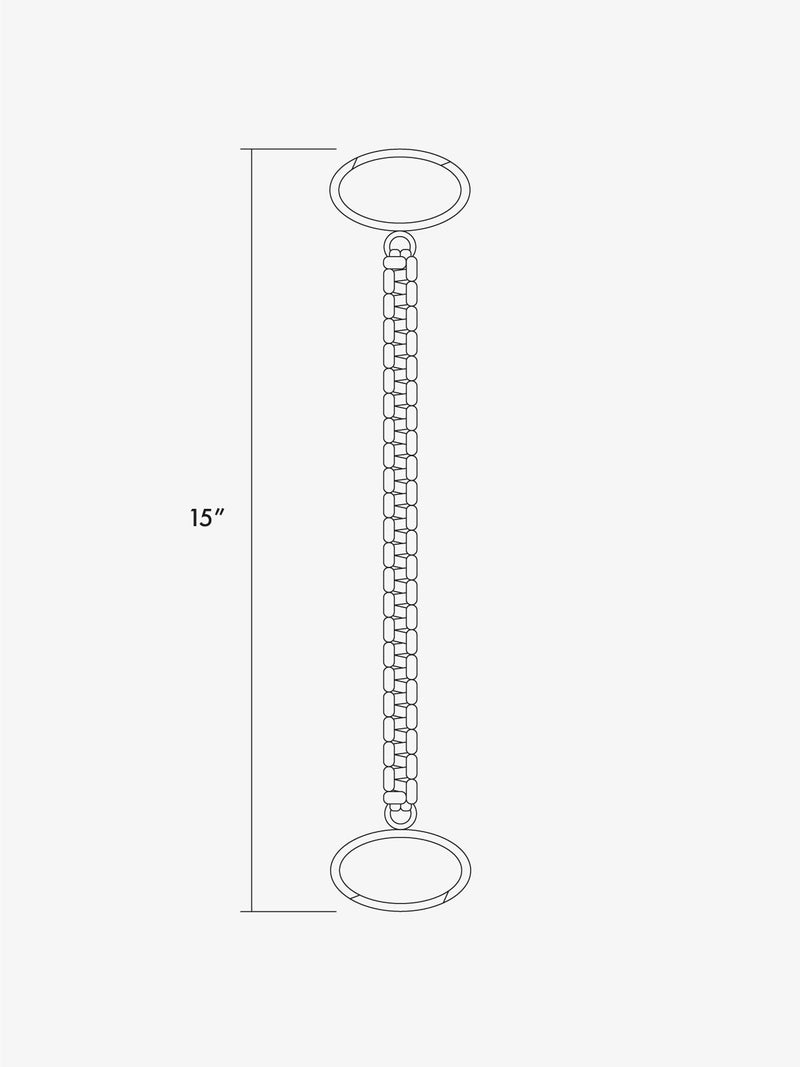 Measurement chart of a keychain with chain length labeled as 15 inches on a white background