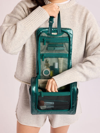 CALPAK Luka Hanging Toiletry Bag in dark green shiny Kale; TLH2301-GLAZED-KALE view 2