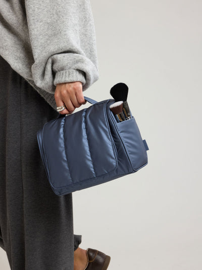 CALPAK Luka Hanging Toiletry Bag in metallic dark blue material in Metallic Indigo; TLH2301-METALLIC-INDIGO view 2