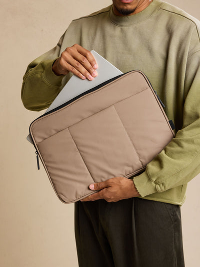 CALPAK Luka Padded Laptop Sleeve in brown Chocolate with puffy exterior; ALD2501-CHOCOLATE view 2