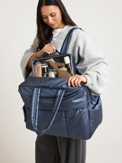 CALPAK Luka Large Duffel in dark blue metallic material in Metallic Indigo; DLL2201-METALLIC-INDIGO view 2
